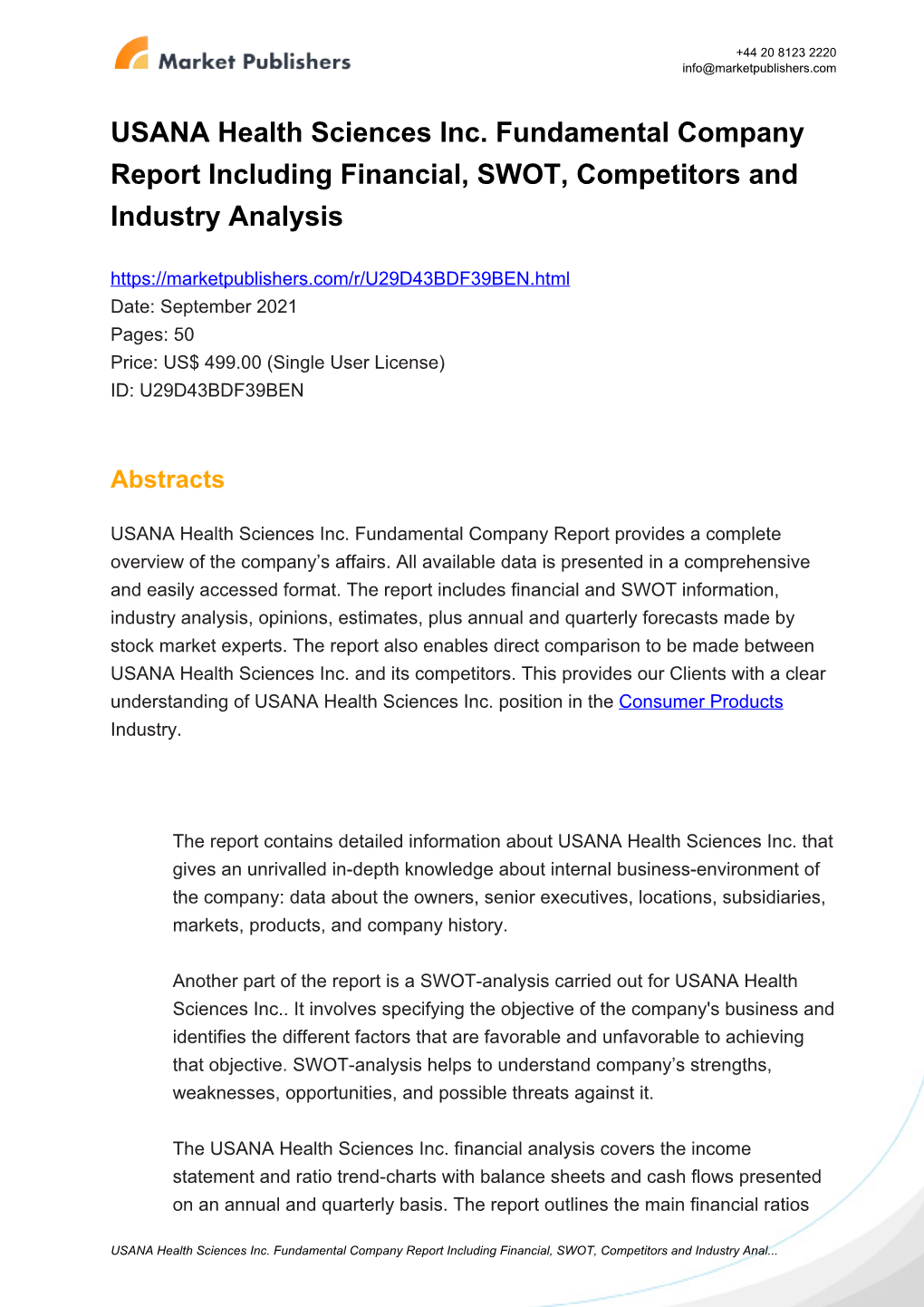 USANA Health Sciences Inc. Fundamental Company Report