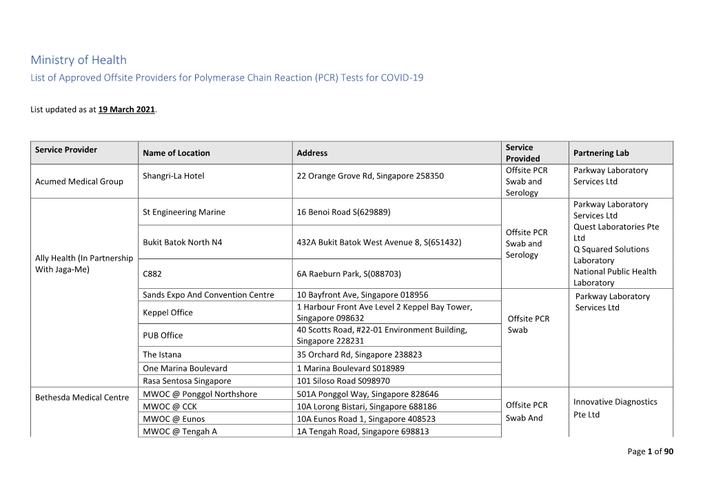 Ministry of Health List of Approved Offsite Providers for Polymerase Chain Reaction (PCR) Tests for COVID-19