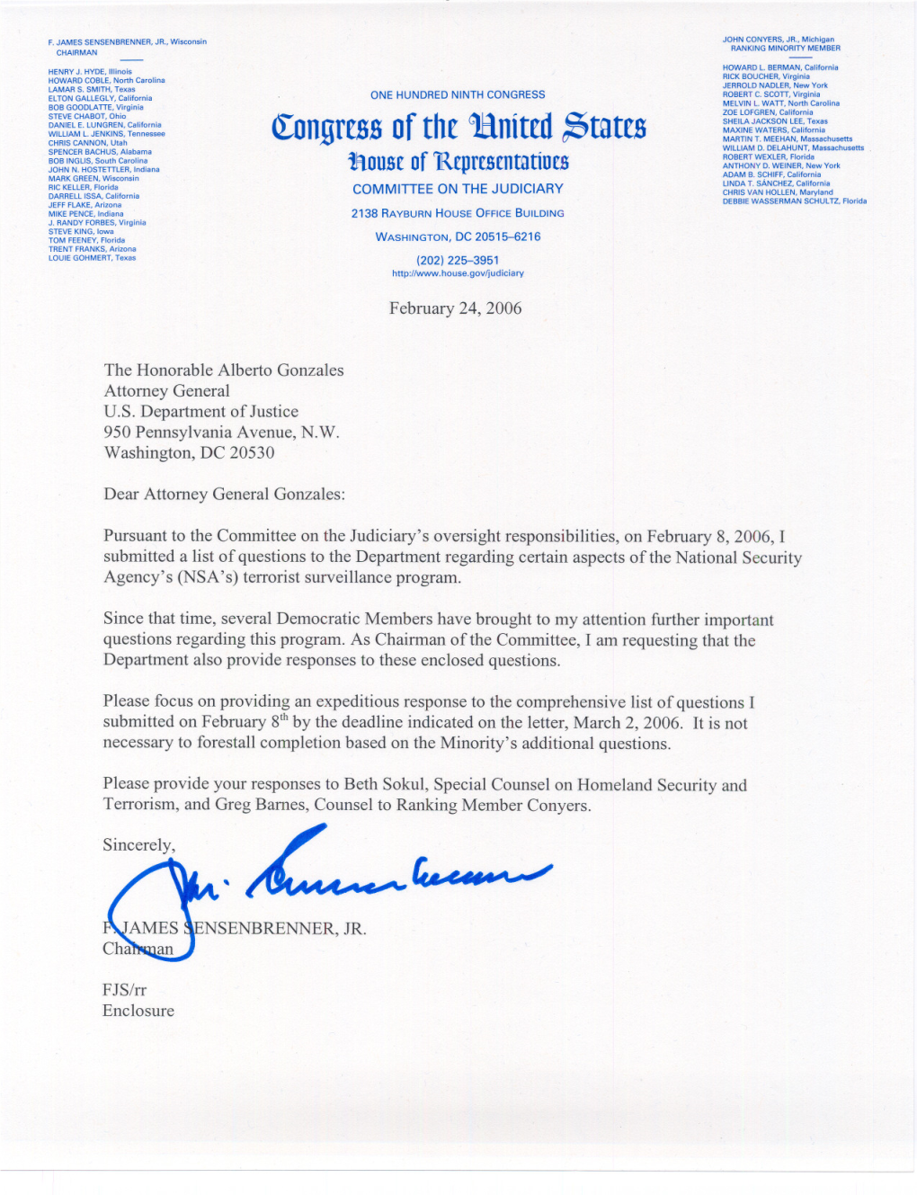 House Judiciary Committee Letter