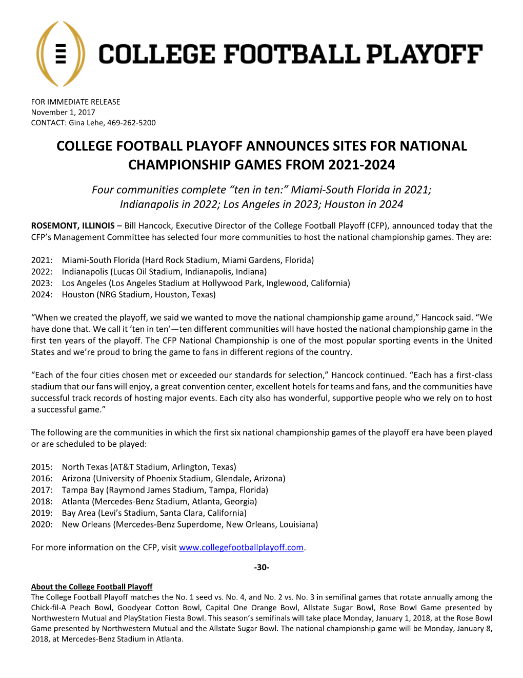 College Football Playoff Announces Sites for National Championship Games from 2021-2024