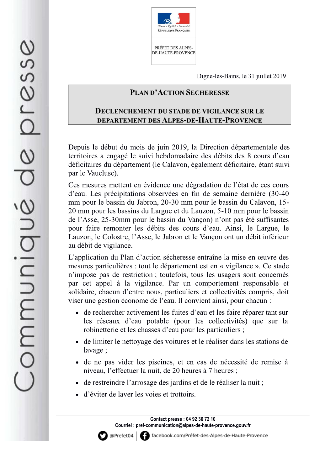 CP 31 07 2019 Plan D'action Secheresse : Declenchement Du