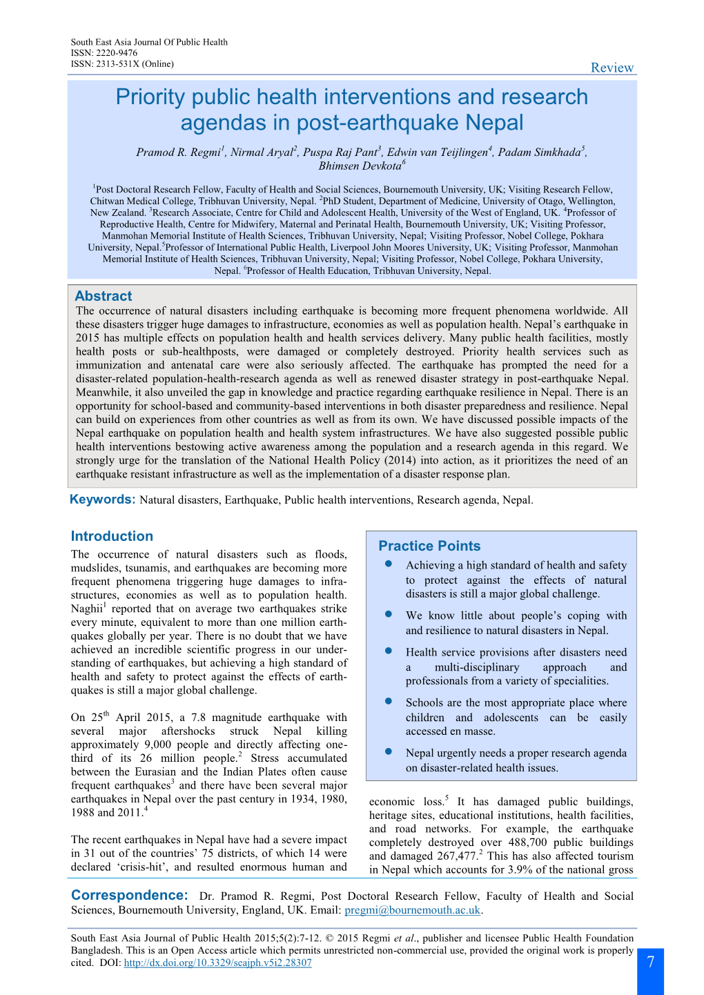 Priority Public Health Interventions and Research Agendas in Post-Earthquake Nepal