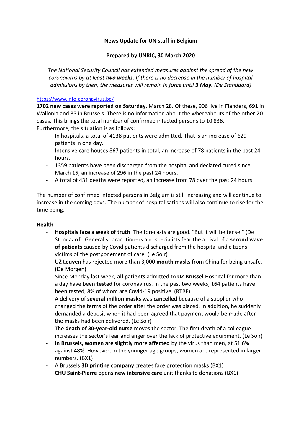 News Update for UN Staff in Belgium Prepared by UNRIC, 30 March 2020 the National Security Council Has Extended Measures Against