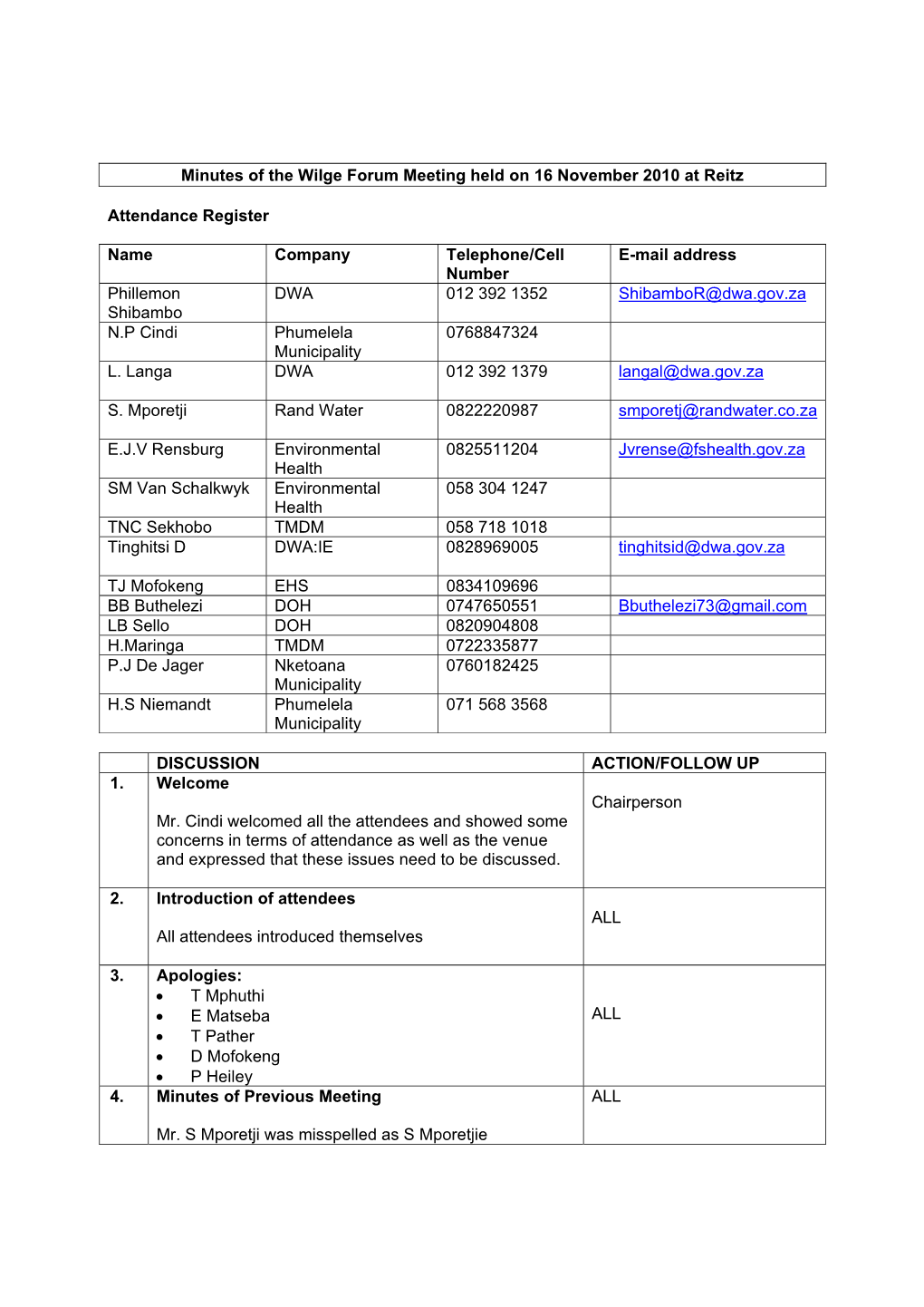 Minutes of the Wilge Forum Meeting Held on 16 November 2010 at Reitz