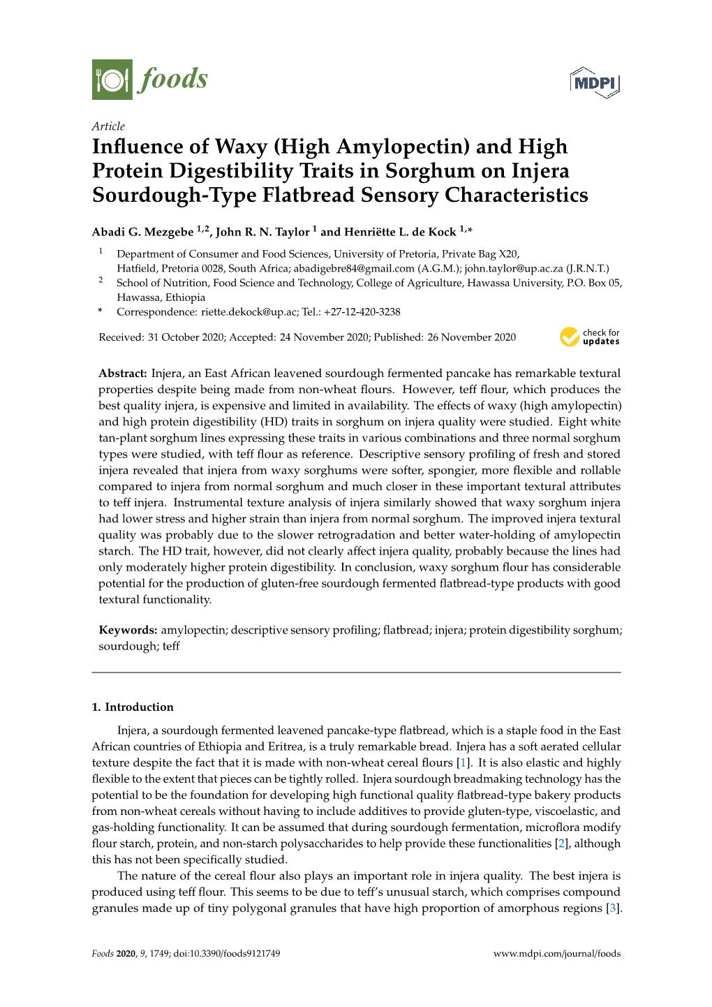 And High Protein Digestibility Traits in Sorghum on Injera Sourdough-Type Flatbread Sensory Characteristics