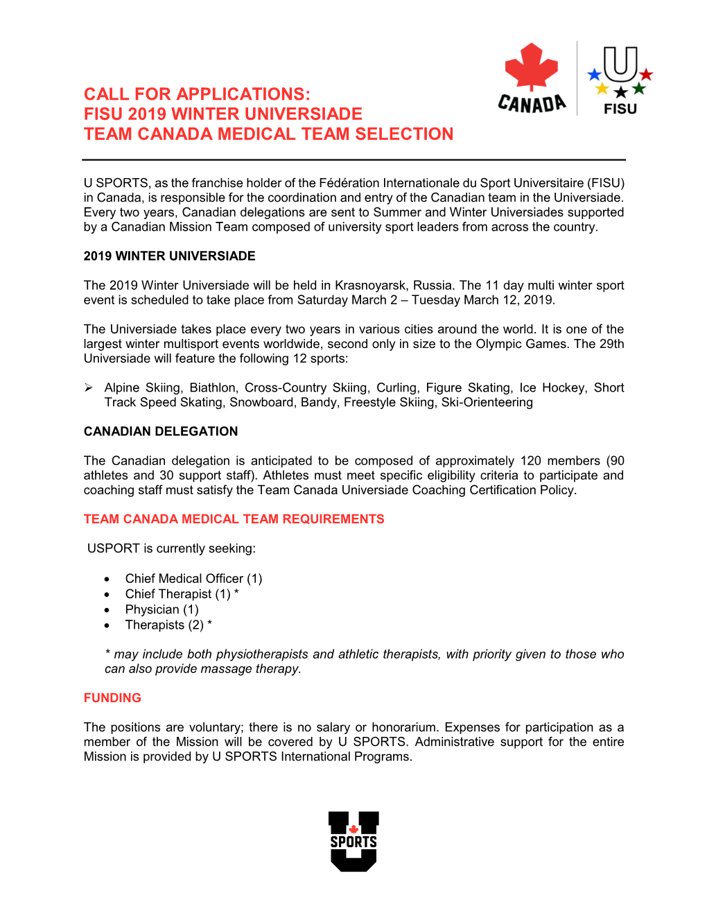 Fisu 2019 Winter Universiade Team Canada Medical Team Selection