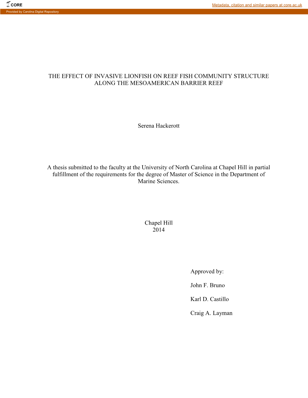 The Effect of Invasive Lionfish on Reef Fish Community Structure Along the Mesoamerican Barrier Reef