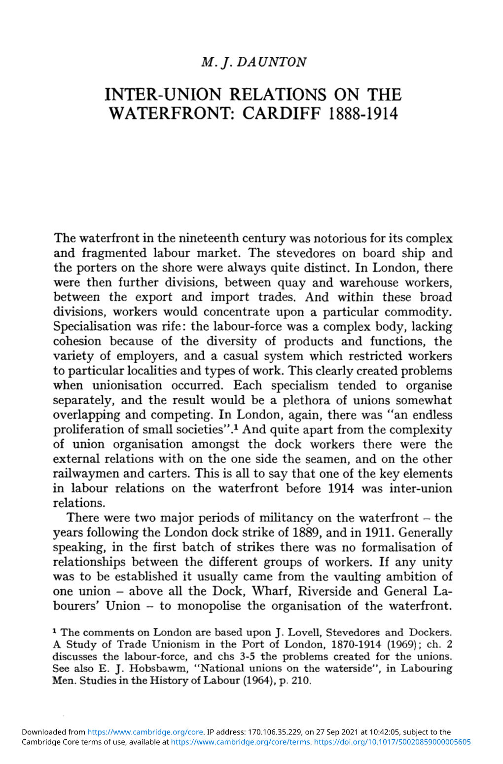 Inter-Union Relations on the Waterfront: Cardiff 1888–1914