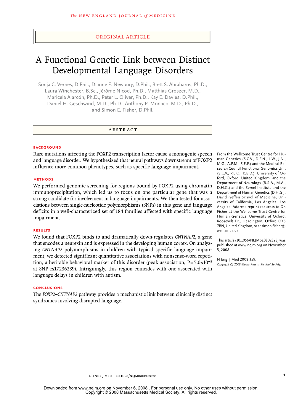 A Functional Genetic Link Between Distinct Developmental Language Disorders