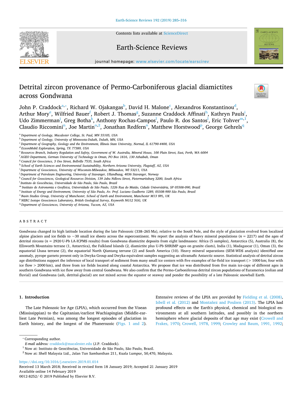 Detrital Zircon Provenance of Permo-Carboniferous Glacial Diamictites T Across Gondwana ⁎ John P