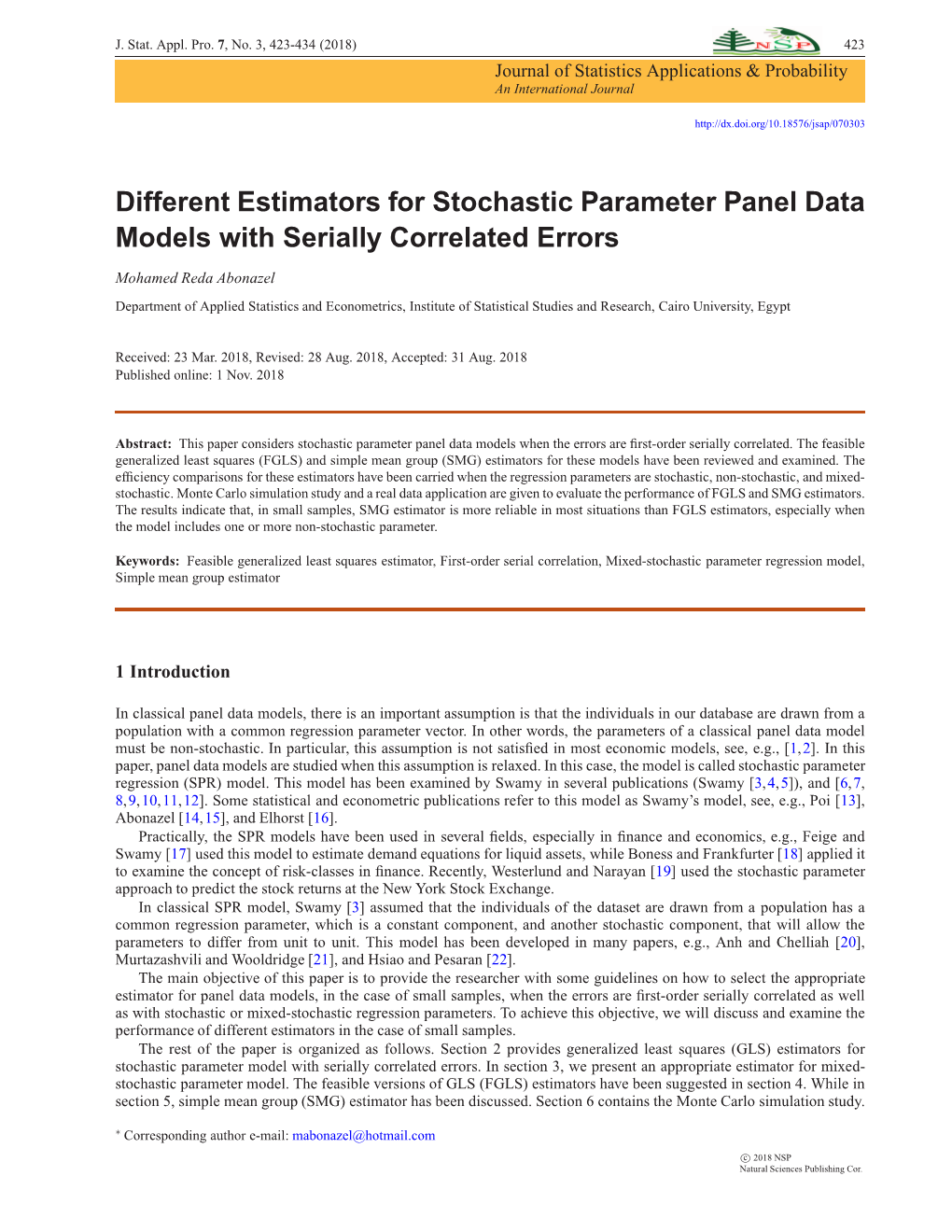 Different Estimators for Stochastic Parameter Panel Data Models with Serially Correlated Errors -.:: Natural Sciences Publishing