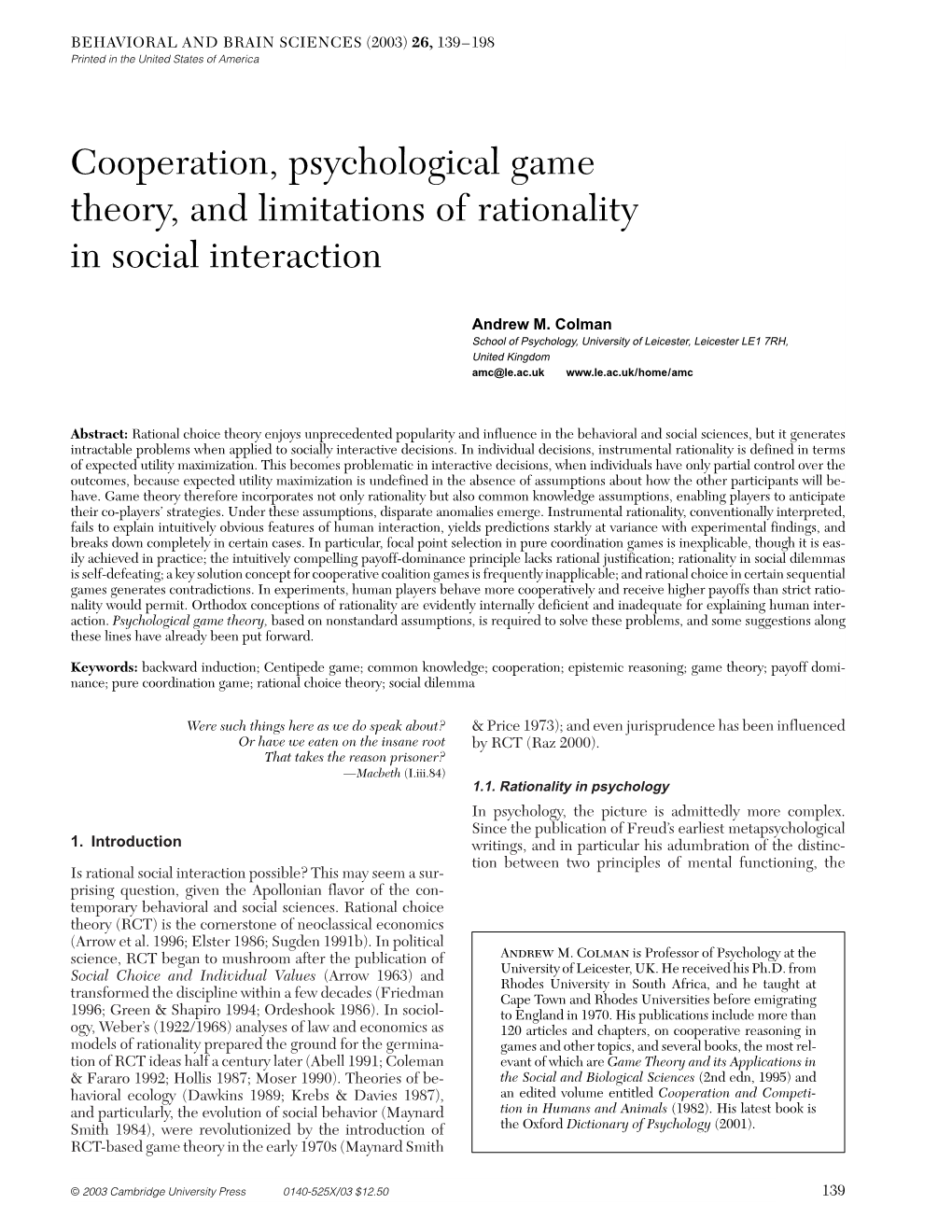 Cooperation, Psychological Game Theory, and Limitations of Rationality in Social Interaction