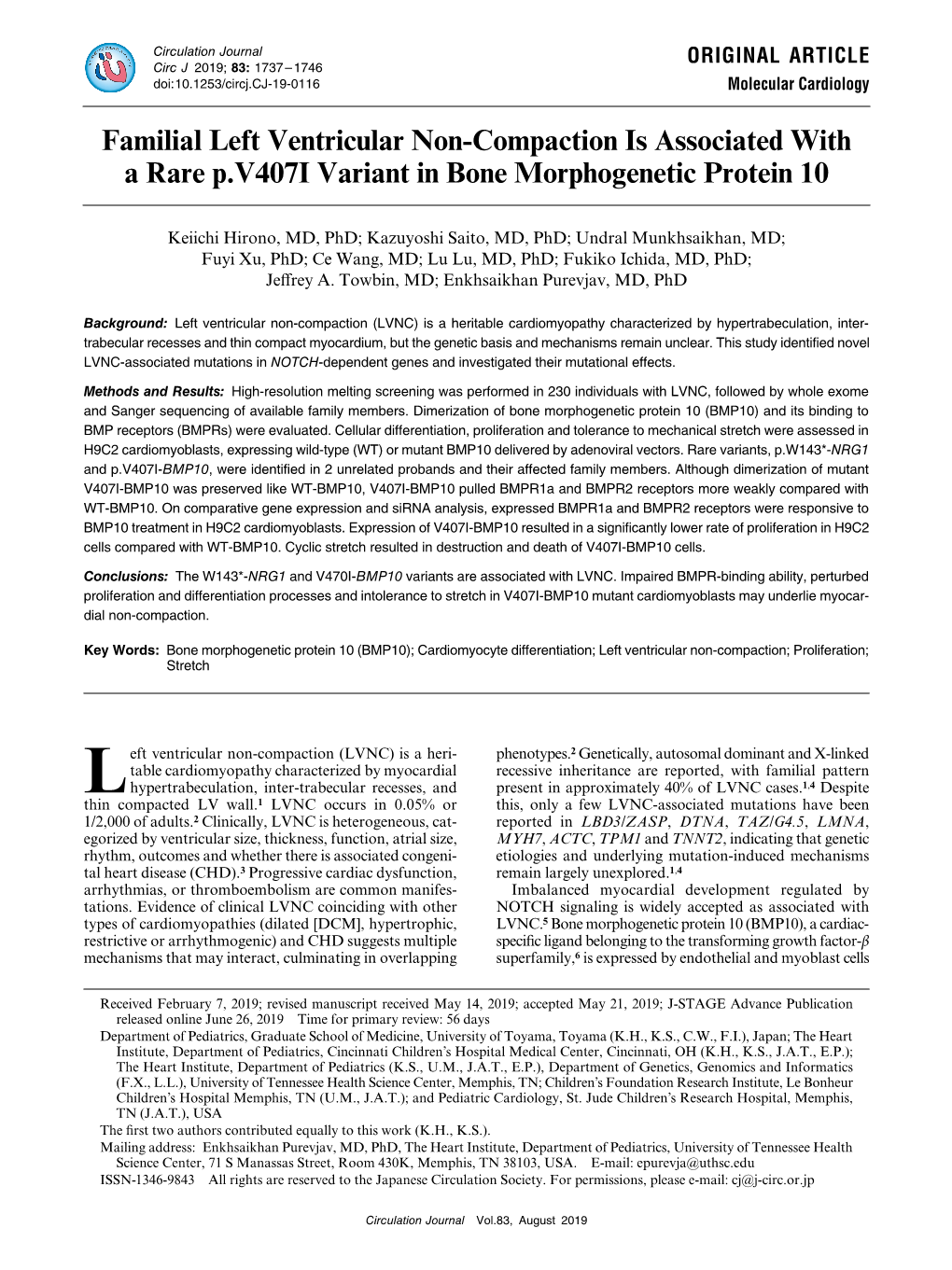 Familial Left Ventricular Non-Compaction Is Associated with a Rare P.V407I Variant in Bone Morphogenetic Protein 10