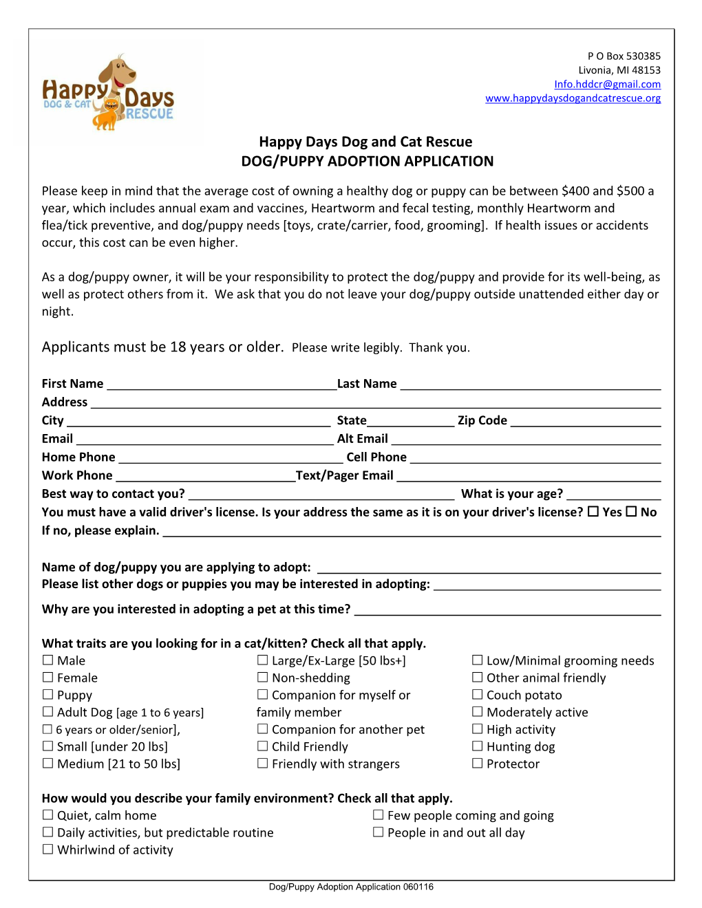 Happy Days Dog and Cat Rescue DOG/PUPPY ADOPTION APPLICATION