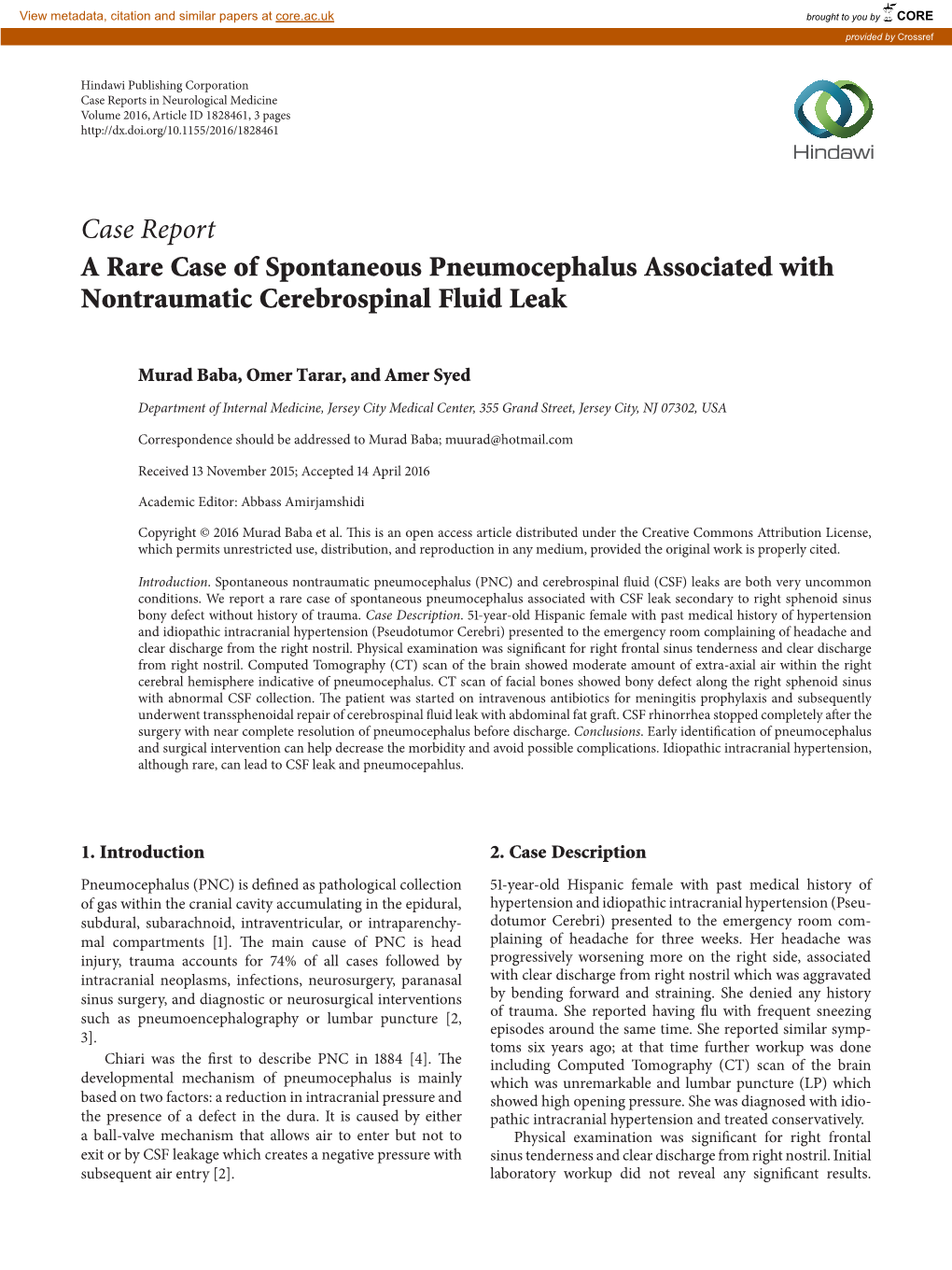 Case Report a Rare Case of Spontaneous Pneumocephalus Associated with Nontraumatic Cerebrospinal Fluid Leak
