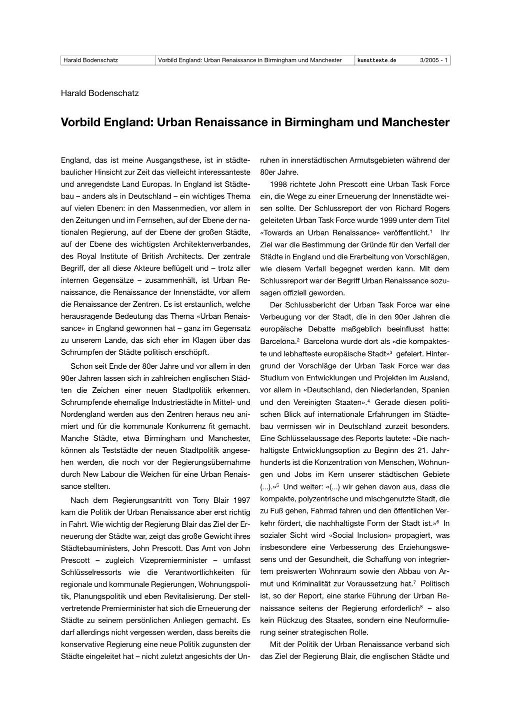 Vorbild England: Urban Renaissance in Birmingham Und Manchester K 3/2005 - 1