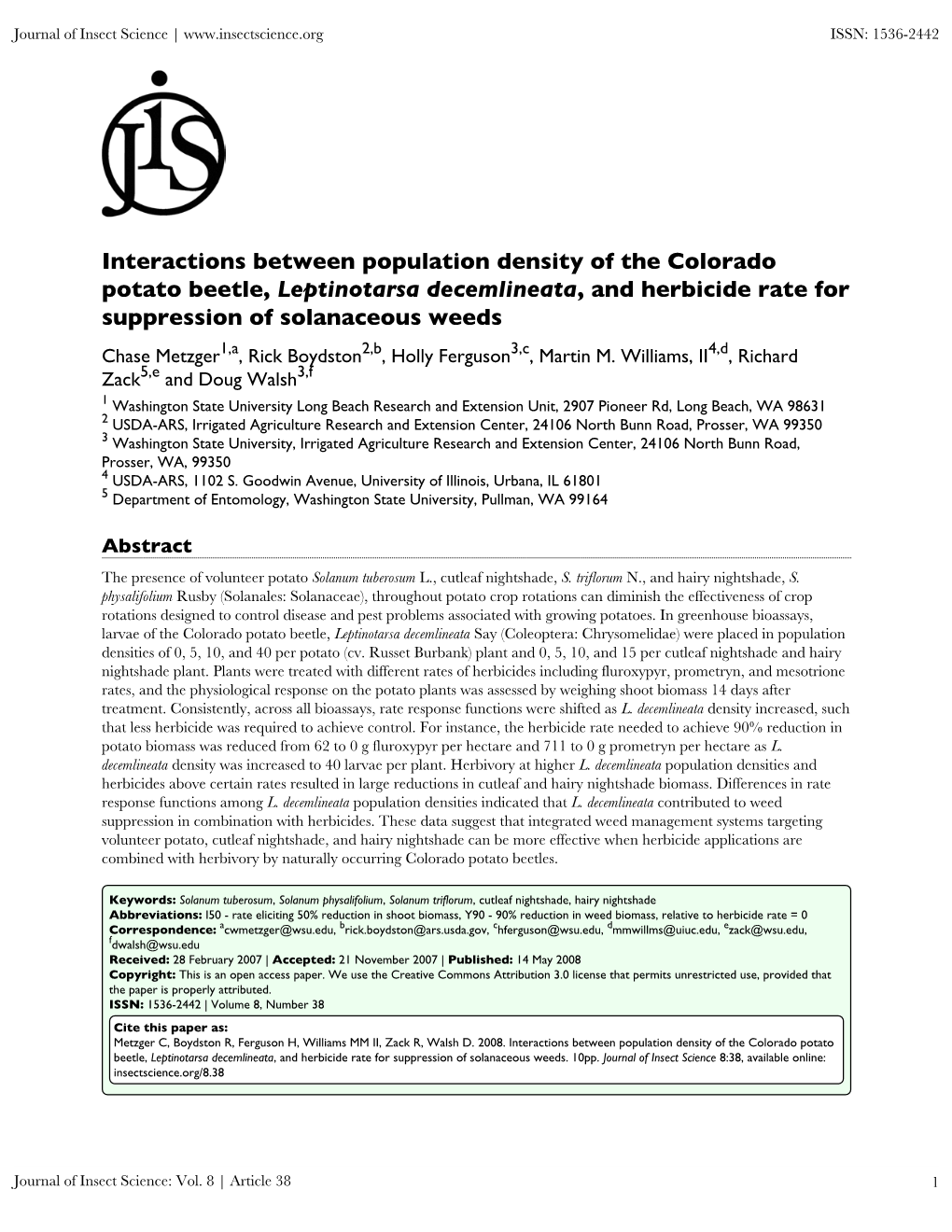 Journal of Insect Science: Vol. 8 | Article 38 1 Journal of Insect Science | ISSN: 1536-2442