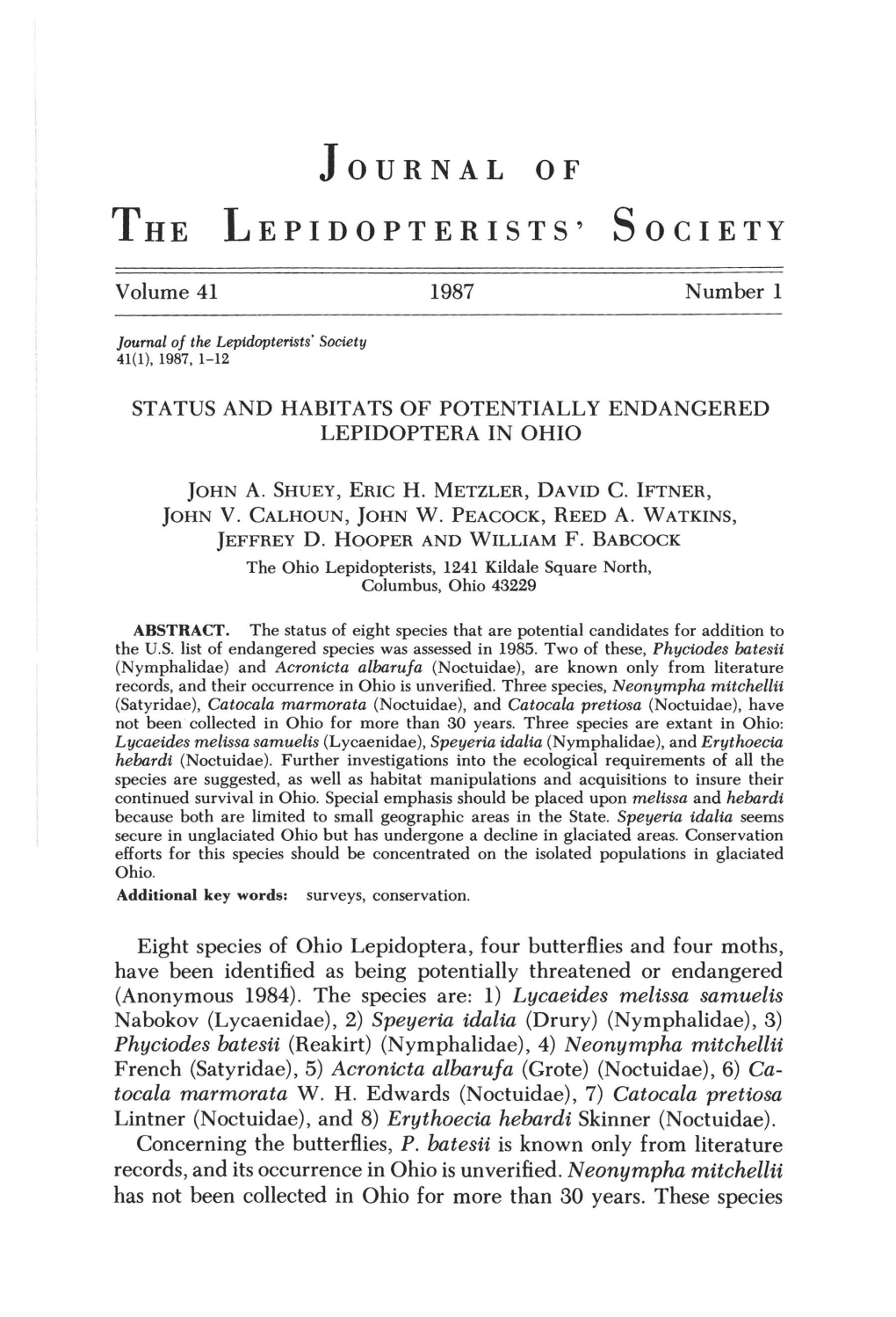 Journal of the Lepidopterists' Society 41(1)