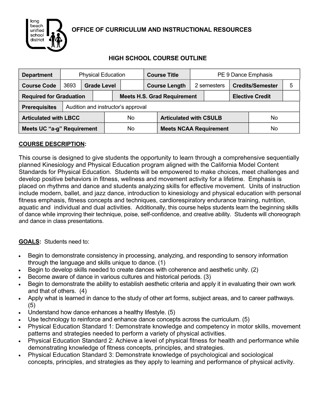 Office of Curriculum and Instructional Resources High School Course Outline
