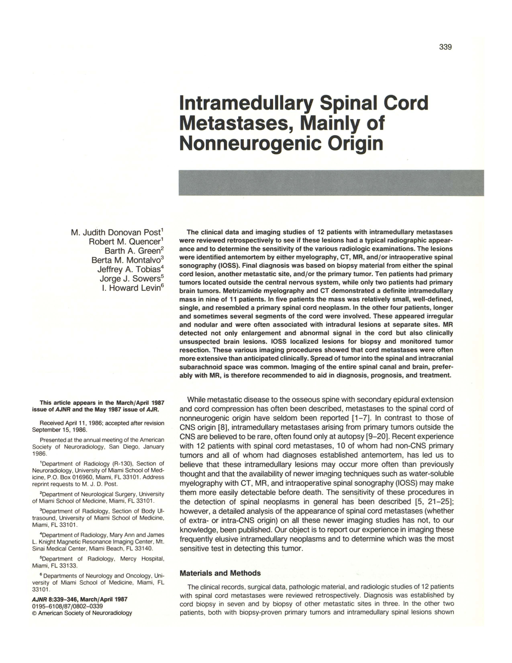 Intramedullary Spinal Cord Metastases, Mainly of Nonneurogenic Origin