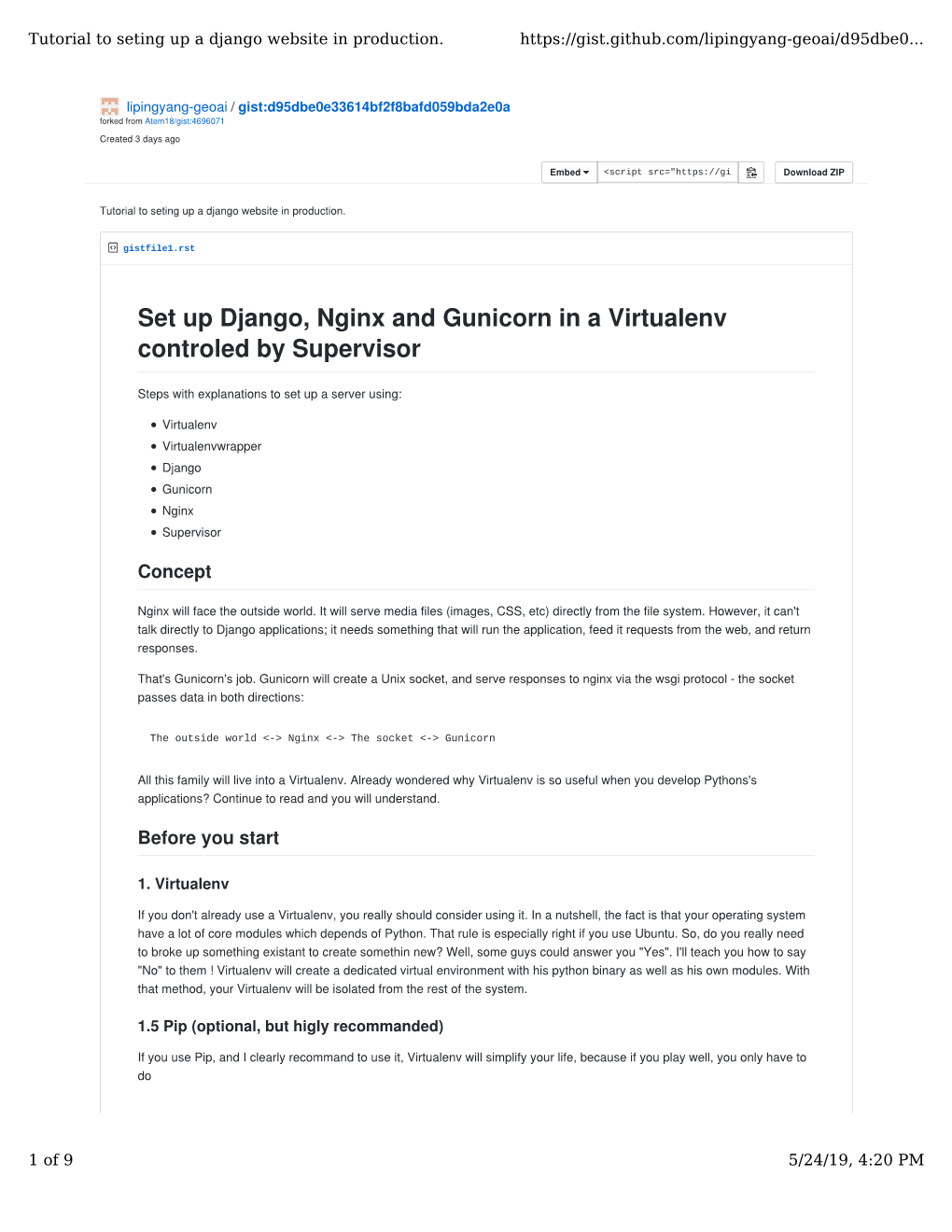 Set up Django, Nginx and Gunicorn in a Virtualenv Controled by Supervisor