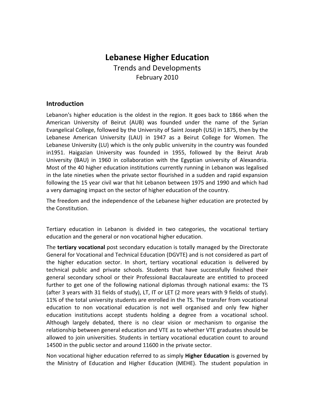 Lebanese Higher Education Trends and Developments February 2010