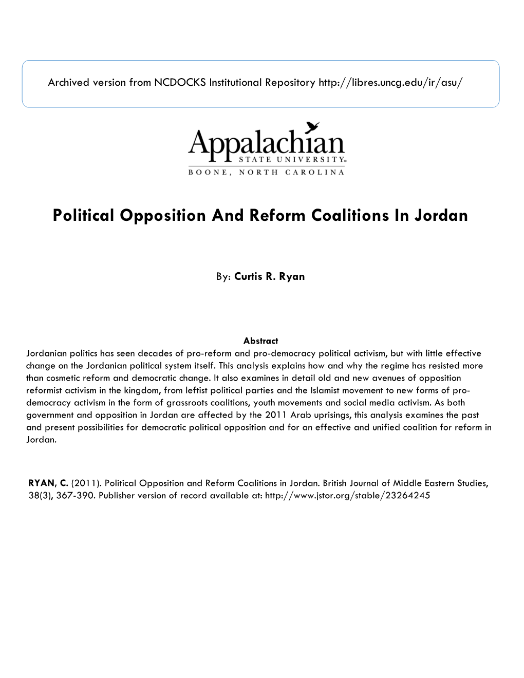 Political Opposition and Reform Coalitions in Jordan