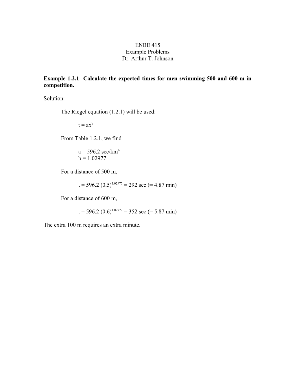 Example 1.2.1 Calculate the Expected Times for Men Swimming 500 and 600 M in Competition