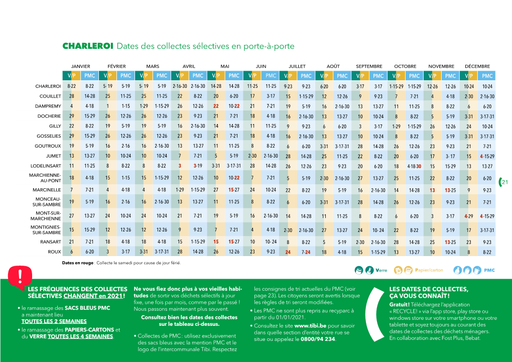 CHARLEROI Dates Des Collectes Sélectives En Porte-À-Porte