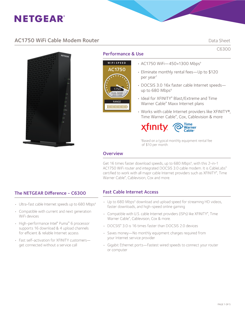 AC1750 Wifi Cable Modem Router Data Sheet C6300 Performance & Use