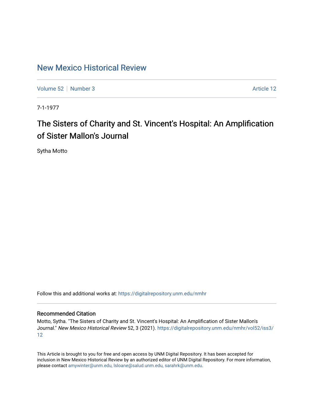 The Sisters of Charity and St. Vincent's Hospital: an Amplification of Sister Mallon's Journal