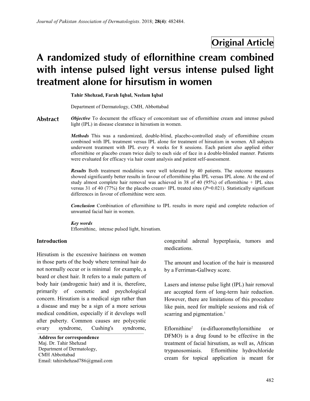 A Randomized Study of Eflornithine Cream Combined with Intense Pulsed Light Versus Intense Pulsed Light Treatment Alone for Hirsutism in Women