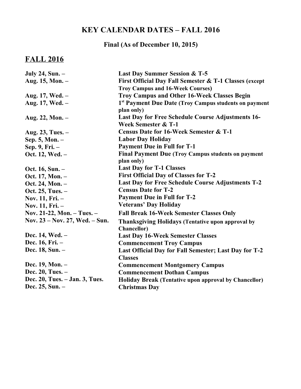 Key Calendar Dates Fall 2012