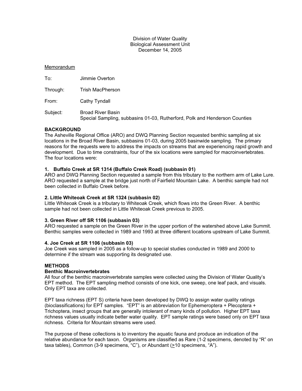 Division of Water Quality Biological Assessment Unit December 14, 2005