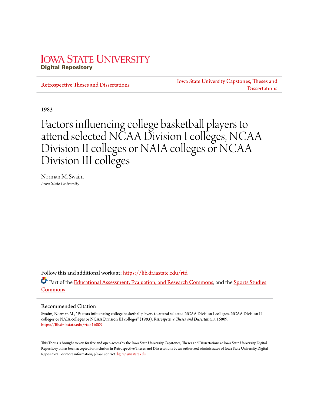 Factors Influencing College Basketball Players to Attend Selected NCAA