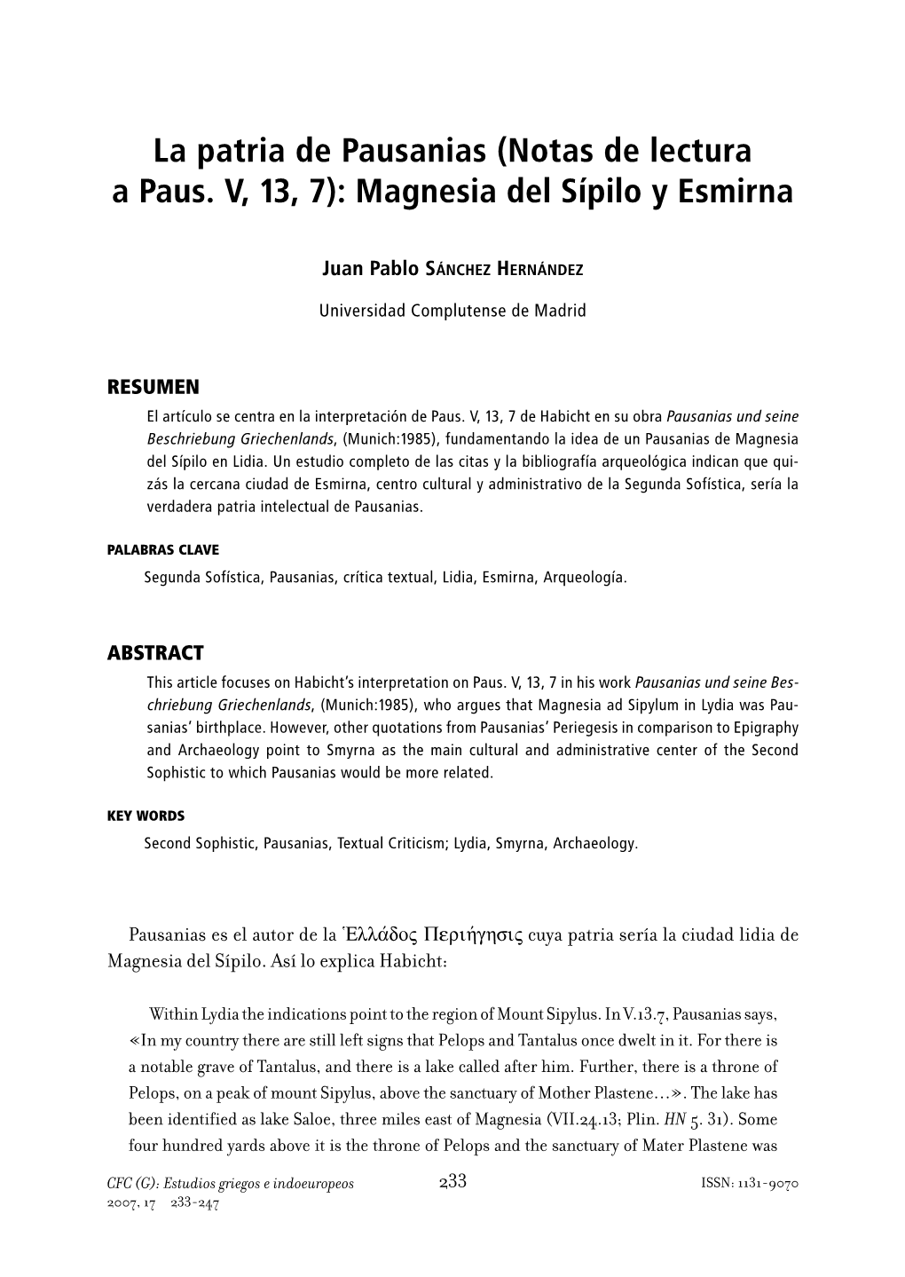 (Notas De Lectura a Paus. V, 13, 7): Magnesia Del Sípilo Y Esmirna