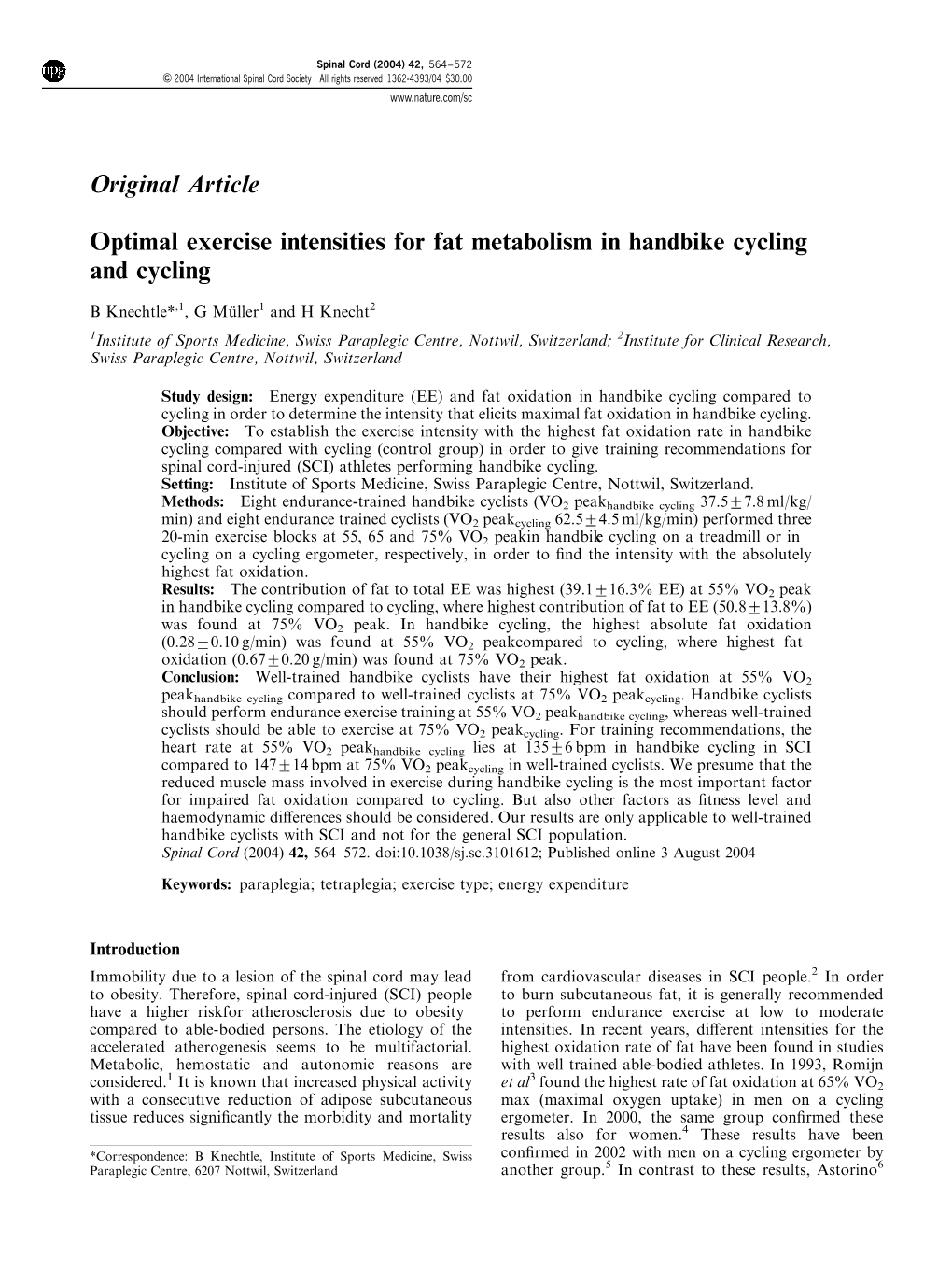 Optimal Exercise Intensities for Fat Metabolism in Handbike Cycling and Cycling
