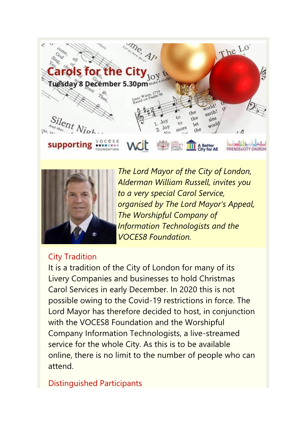 The Lord Mayor of the City of London, Alderman William Russell, Invites You to a Very Special Carol Service, Organised by the Lo