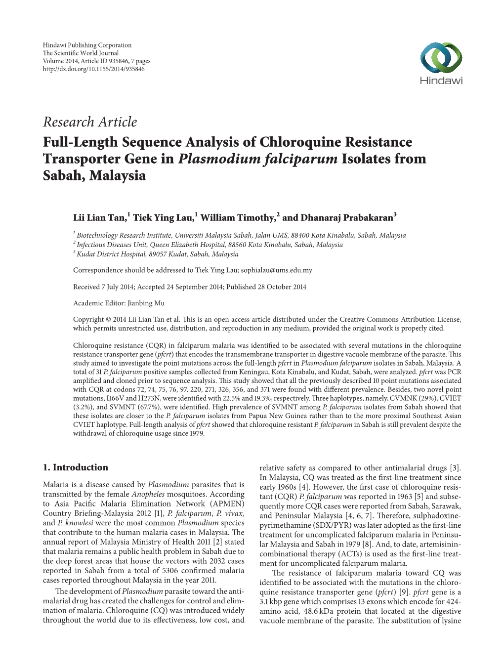 Full-Length Sequence Analysis of Chloroquine Resistance Transporter Gene in Plasmodium Falciparum Isolates from Sabah, Malaysia