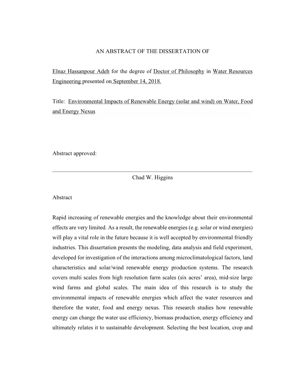 AN ABSTRACT of the DISSERTATION of Elnaz