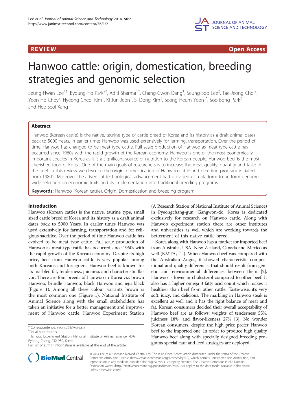 Hanwoo Cattle: Origin, Domestication, Breeding Strategies and Genomic Selection