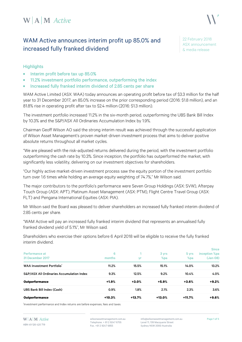 WAM Active Announces Interim Profit up 85.0% and ASX Announcement Increased Fully Franked Dividend & Media Release