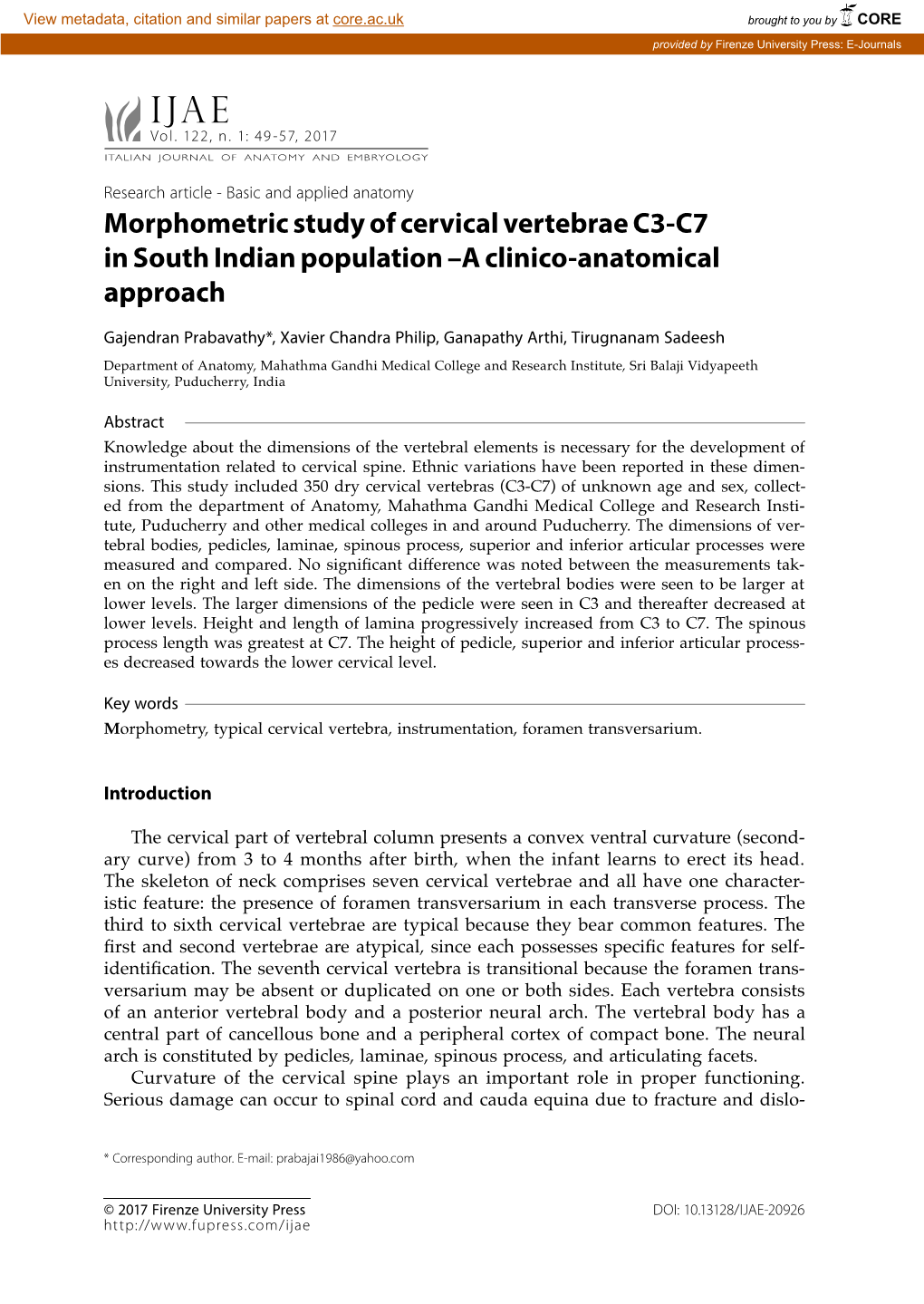 Morphometric Study of Cervical Vertebrae C3-C7 in South Indian Population –A Clinico-Anatomical Approach