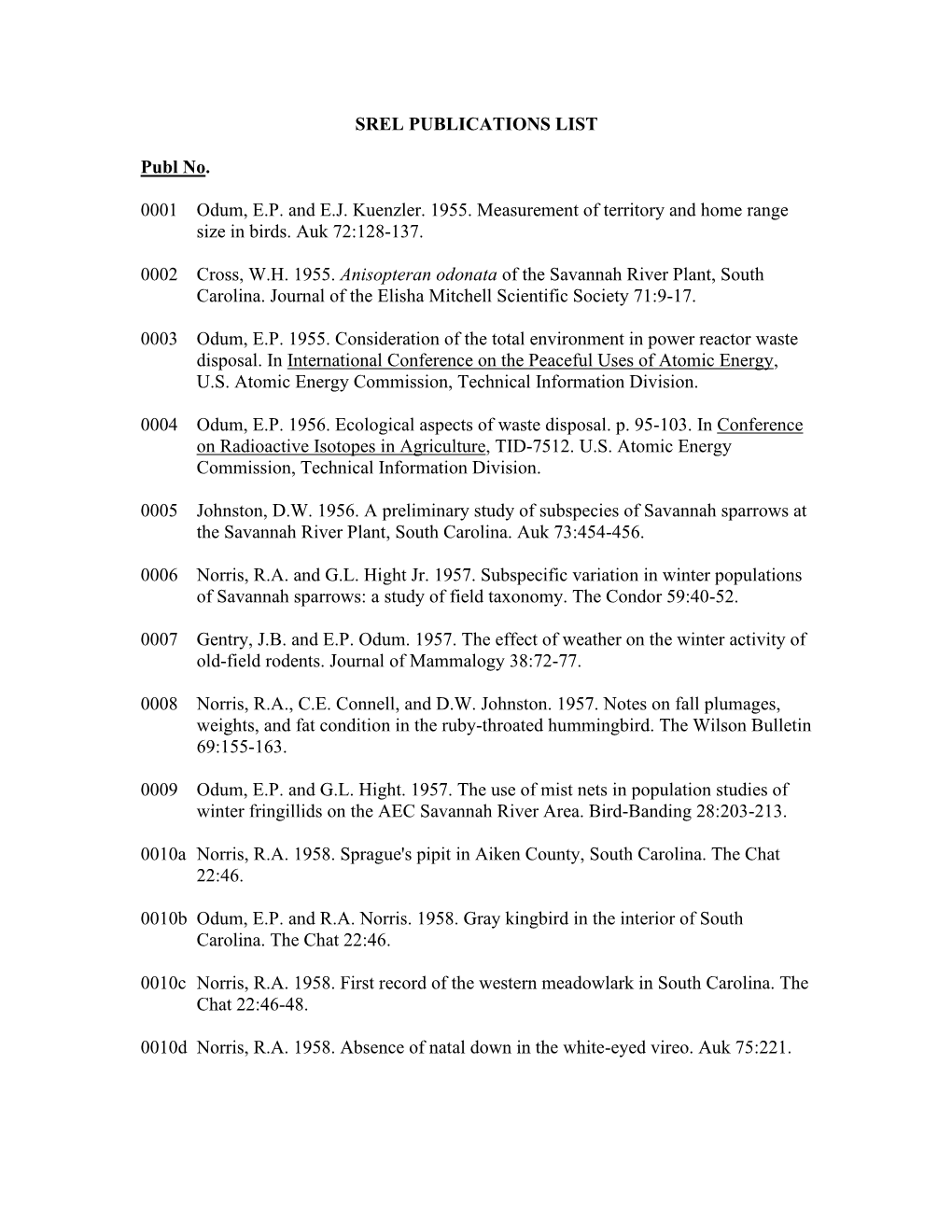 SREL PUBLICATIONS LIST Publ No. 0001 Odum, E.P. and E.J. Kuenzler. 1955. Measurement of Territory and Home Range Size in Birds