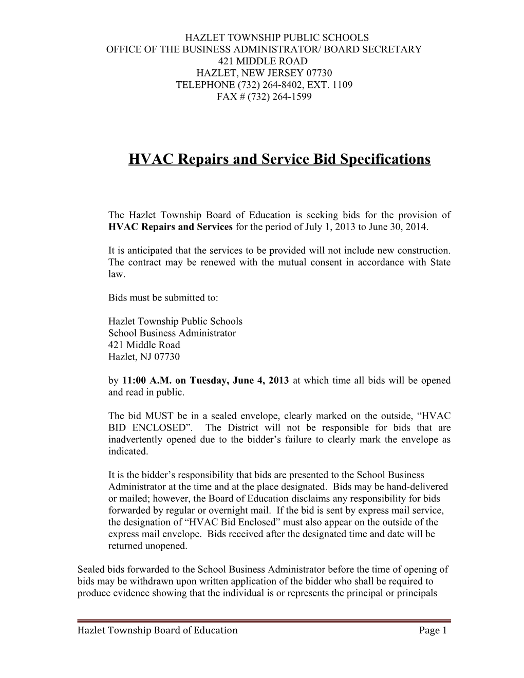 2011-12 HVAC Repair and Service Bid Specifications