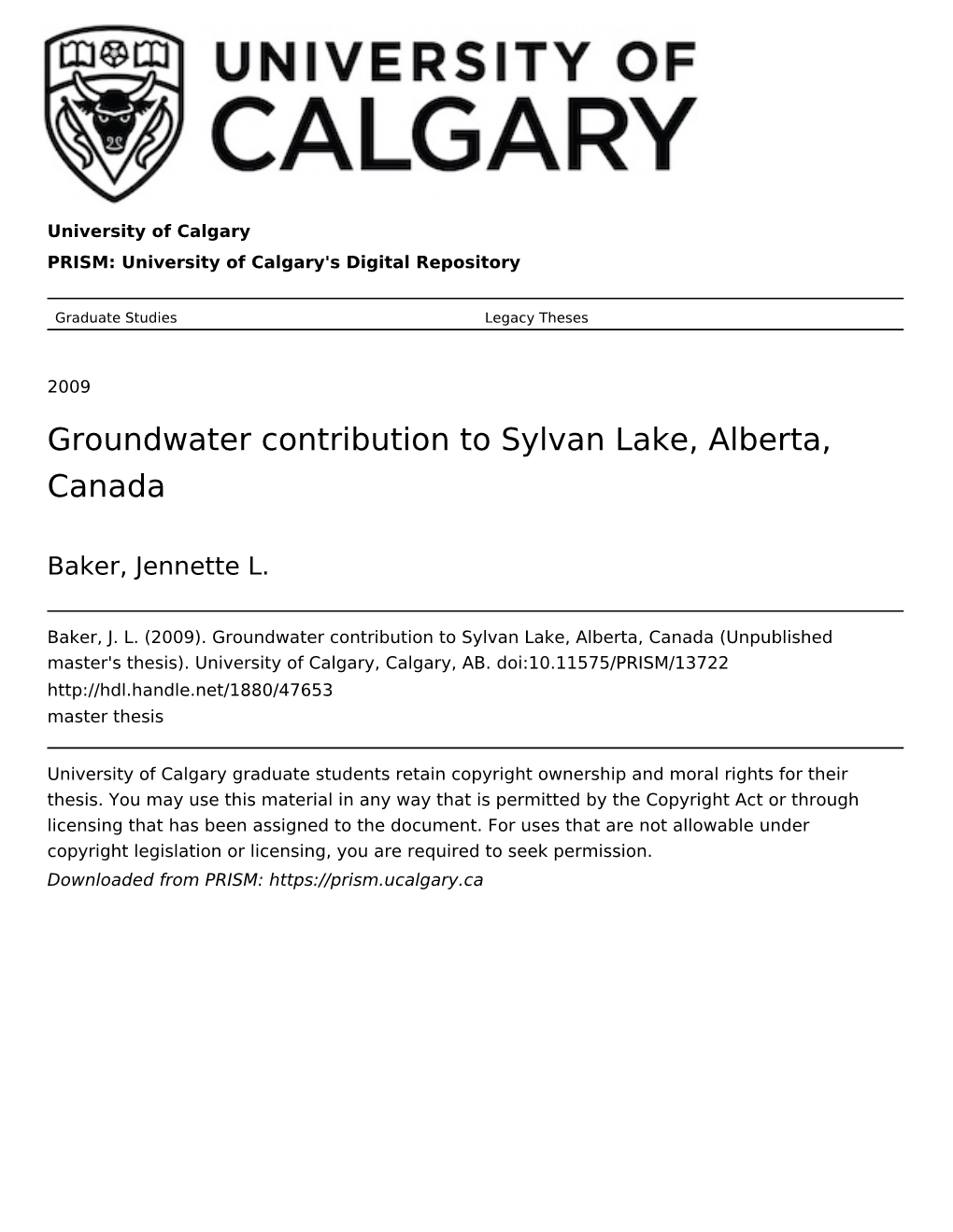 Groundwater Contribution to Sylvan Lake, Alberta, Canada