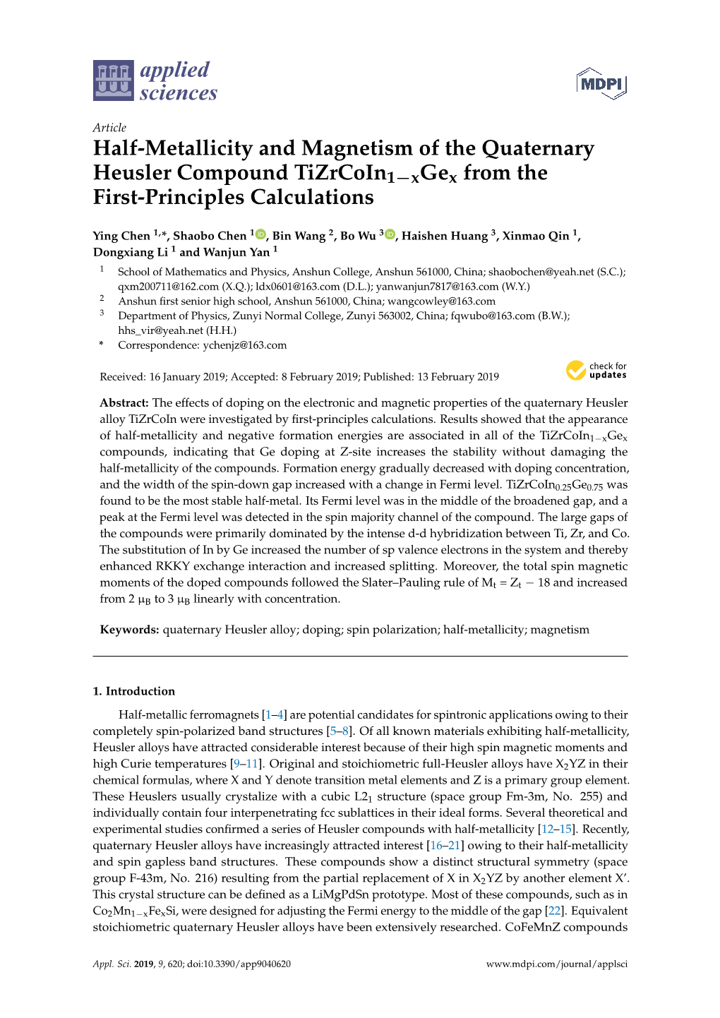 Half-Metallicity and Magnetism of the Quaternary Heusler Compound Tizrcoin1−Xgex from the First-Principles Calculations