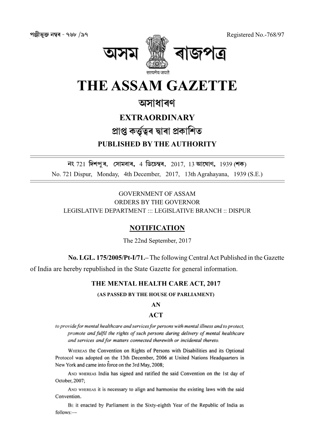 THE ASSAM GAZETTE, EXTRAORDINARY, DECEMBER Registered4, 2017 No.-768/97