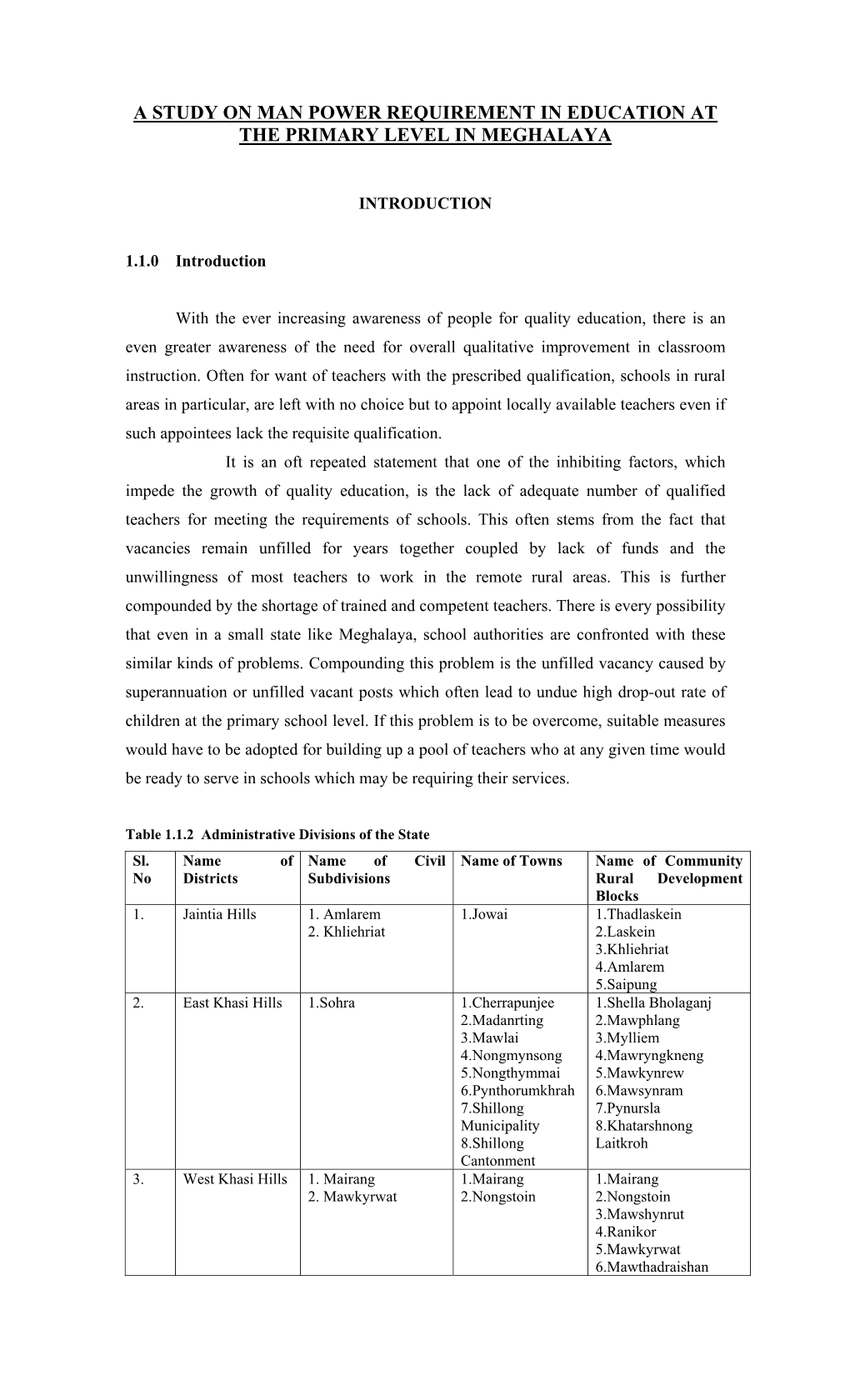 A Study on Man Power Requirement in Education at the Primary Level in Meghalaya