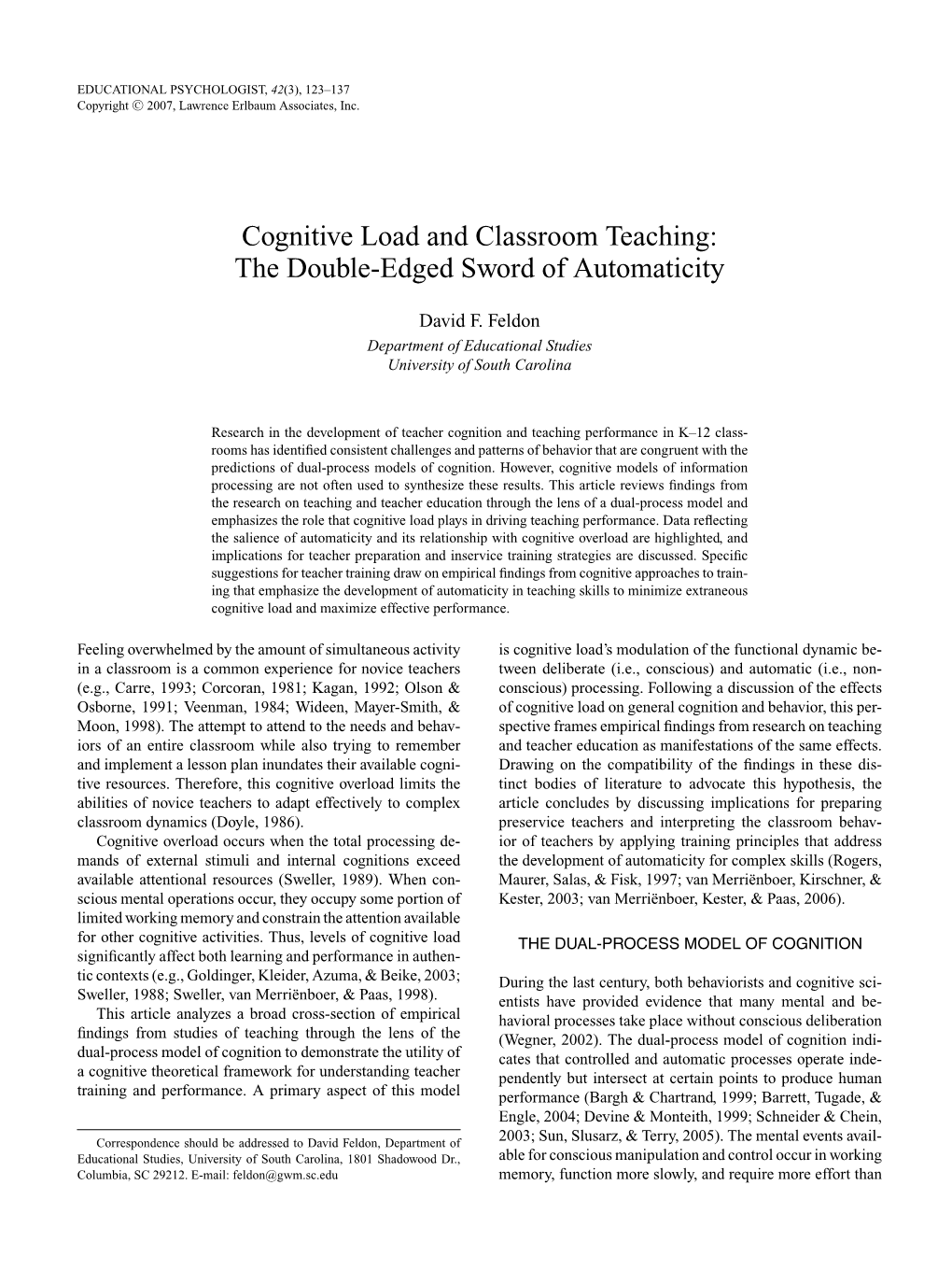 Cognitive Load and Classroom Teaching: the Double-Edged Sword of Automaticity